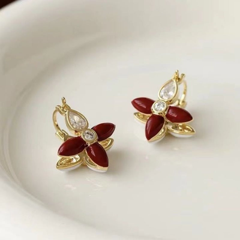 Women's Niche Design Ear Clip High-grade Retro Enamel Flower Earrings