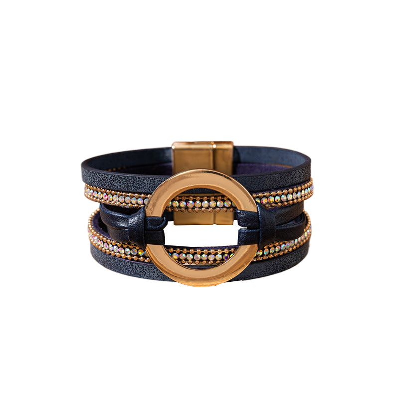 Personalized Big Circle Leather Niche Golden Rhinestone Bracelets