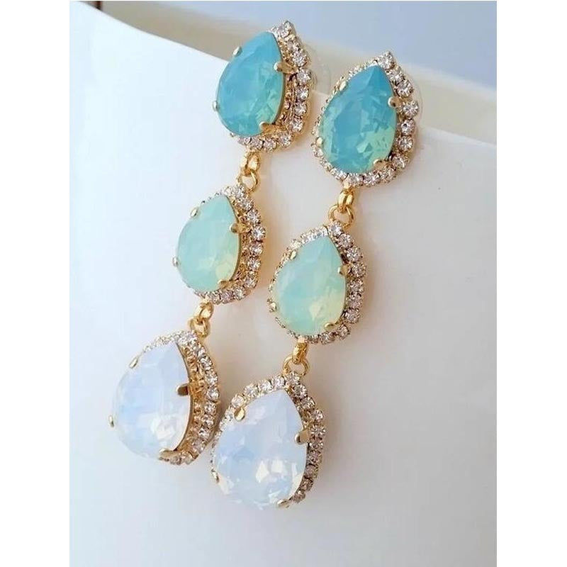 Women's Sells White Gem Copper Inlaid Diamond Oval Earrings
