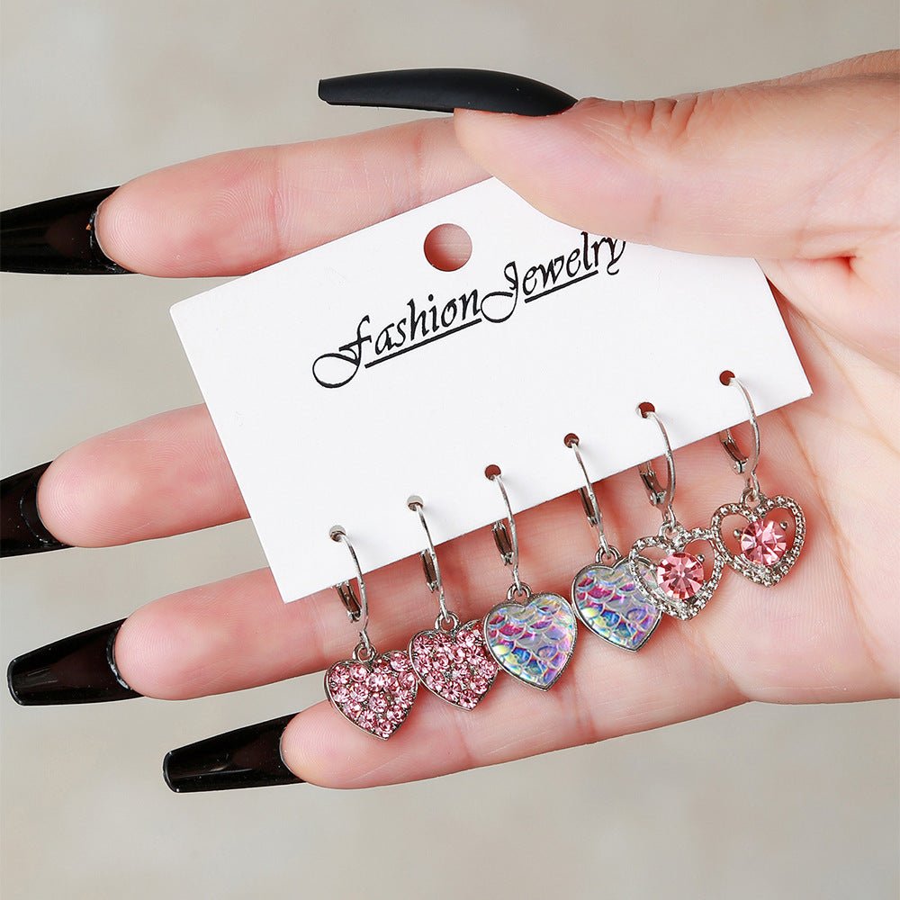 Fashion Heart-shaped Full Of Diamond Combination Pink Suit Earrings