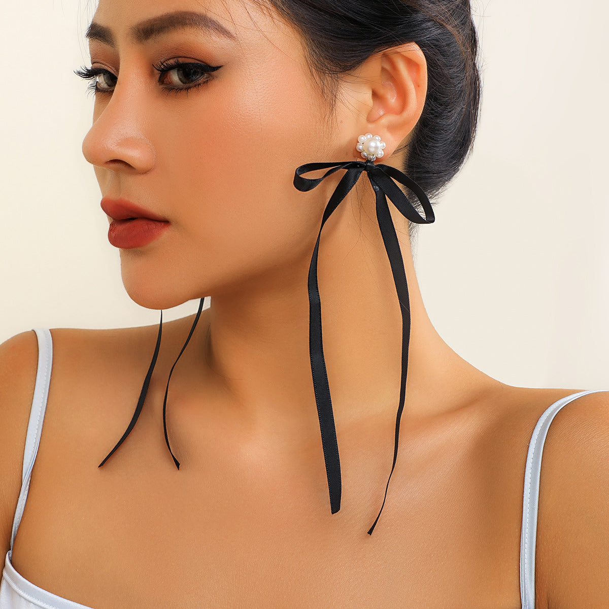 Personalized Bow Ribbon Imitation Pearl Crystal Flowers Earrings