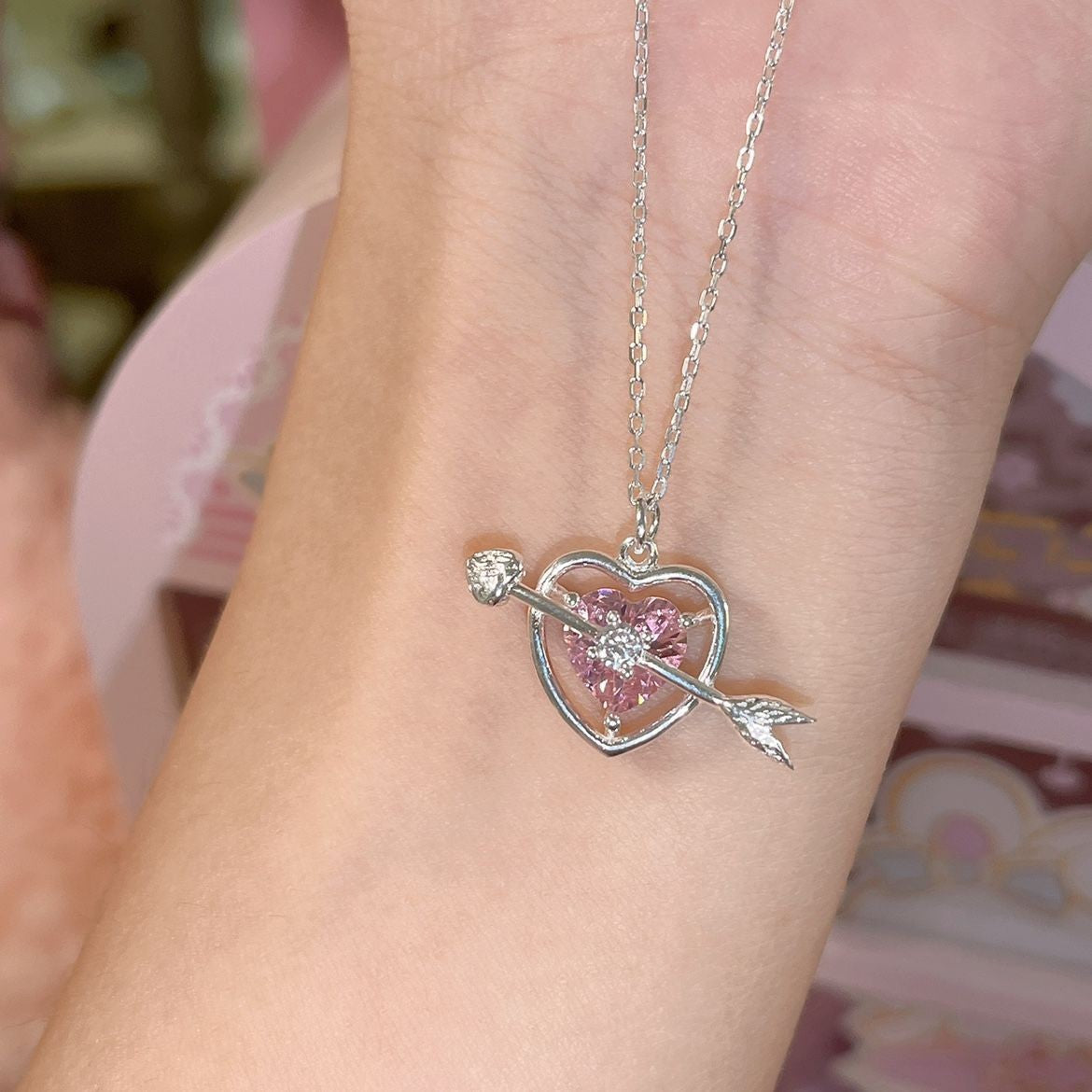 Through Heart Pink Diamond Female Fashion Clavicle Chain Necklaces