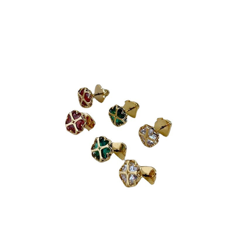 Simple Sweet Commuter Small Heart Four-leaf Clover Shape Inlaid Earrings