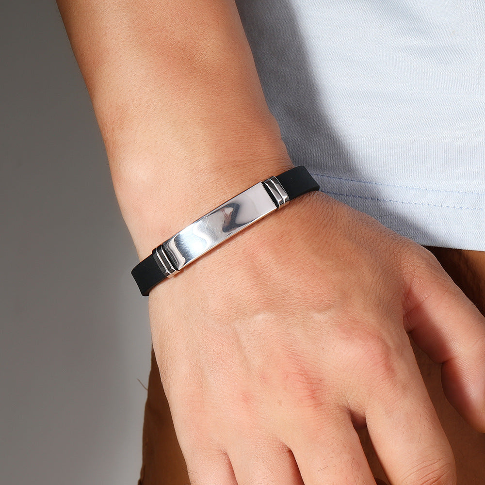 Men's Simple Lettering Black Stainless Steel Silica Gel Bracelets