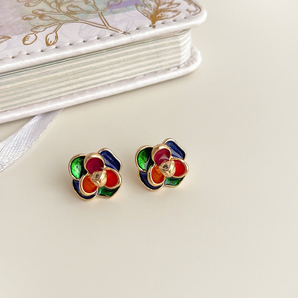 Women's Handmade Painted Glaze Flowers French Retro High-grade National Earrings