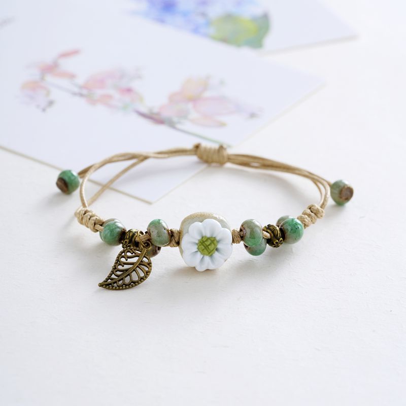 Women's Hand Weaving Mori Style Fresh Ceramic Vintage Flower Bracelets