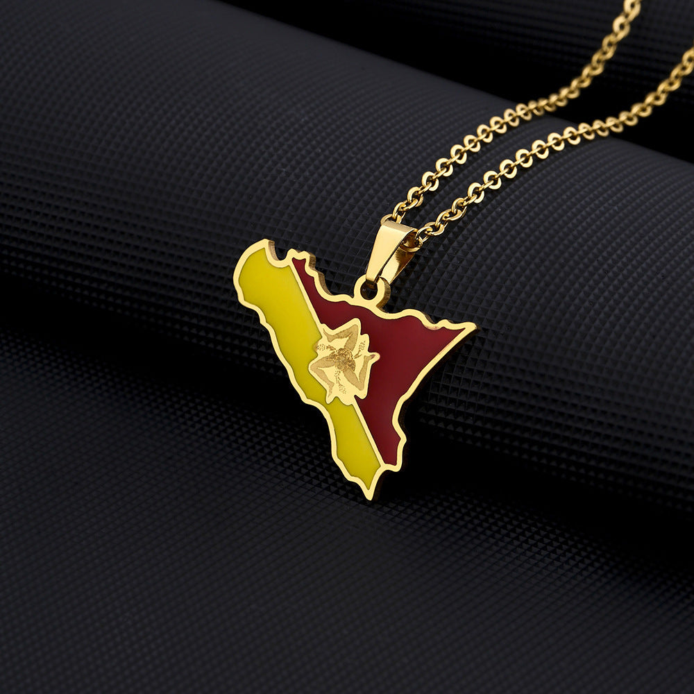 Women's Italy Sicily Map Flag Stainless Steel Necklaces