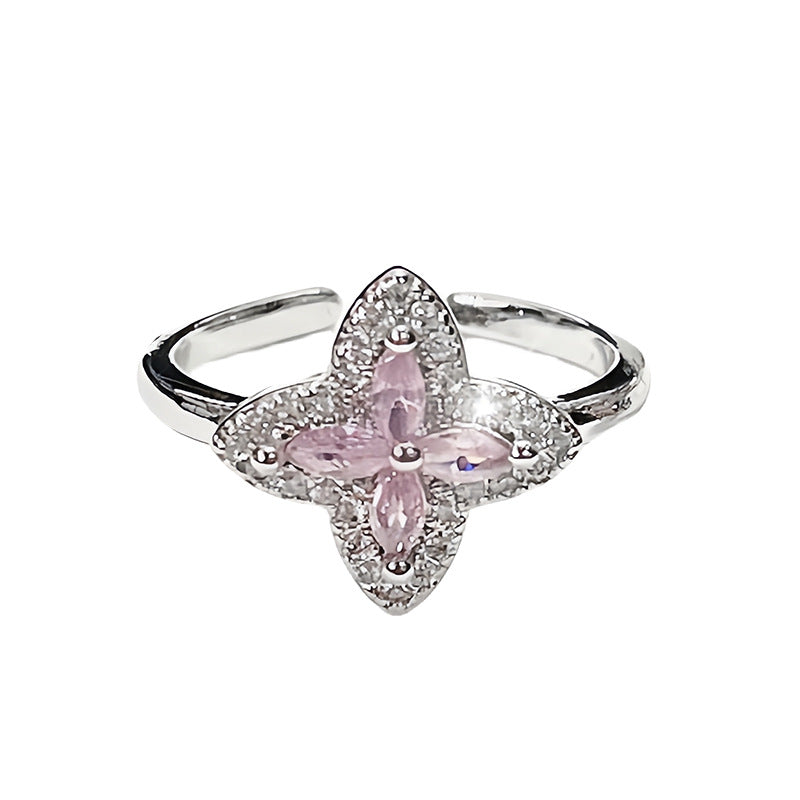 Snowflake Pink Zircon Flower Clover Open Design Rings