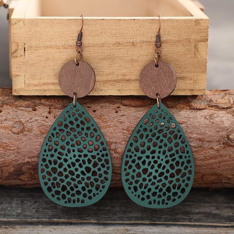 Retro Hollow Spider Web Stitching Wood Earrings