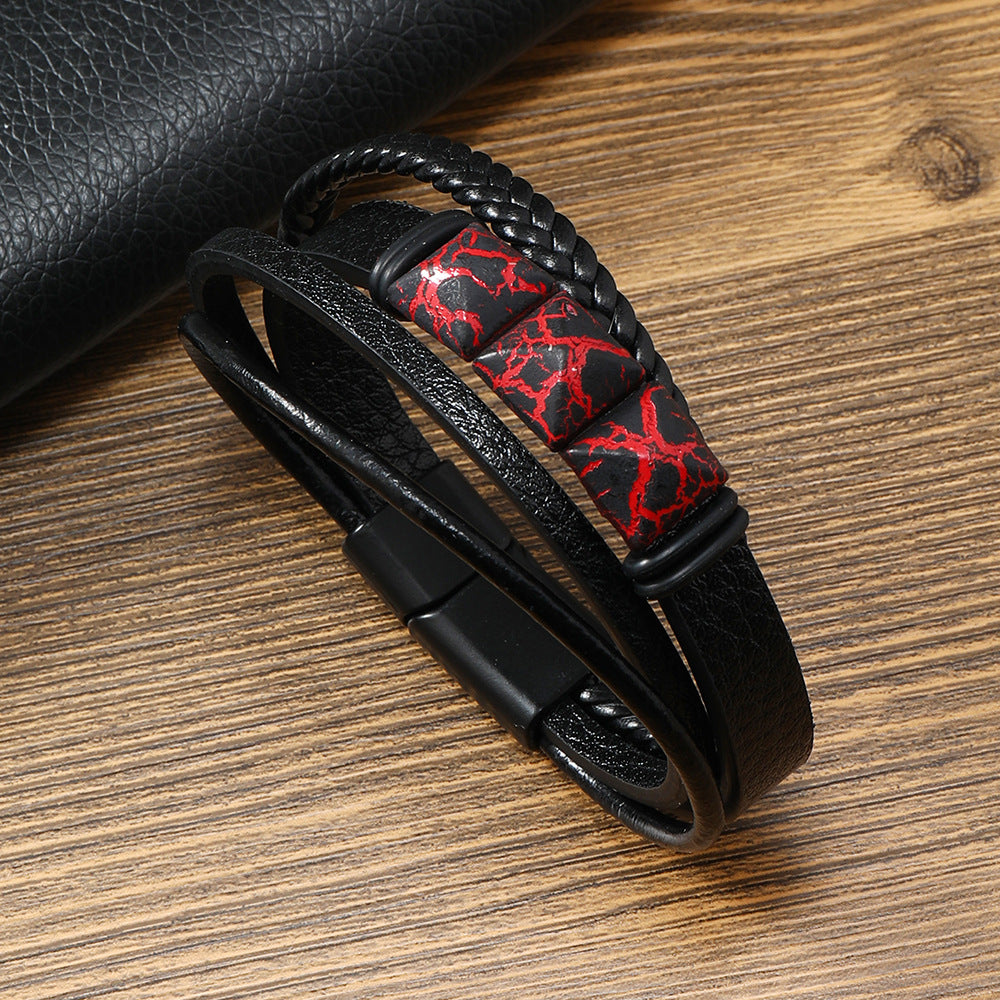 Men's Gothic Style Magnetic Snap Authentic Leather Weave Bracelets