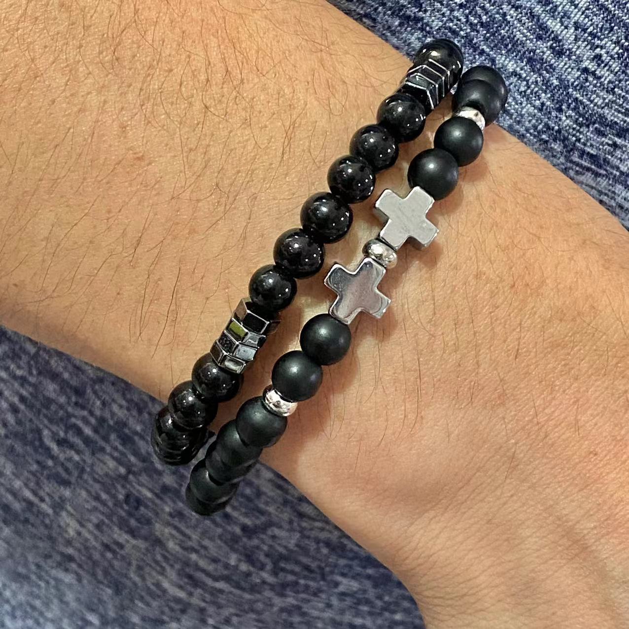 Men's Beaded Suit Map Stone Haematite Cross Bracelets