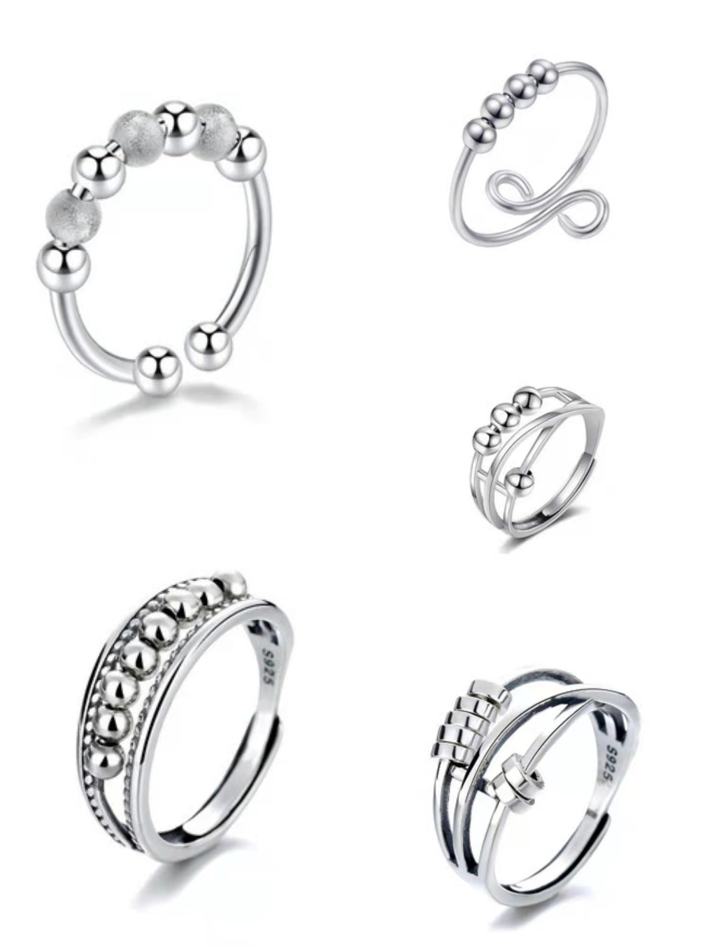 Women's Distressed Thai Sier Anxiety Three-ring Smart Index Rings