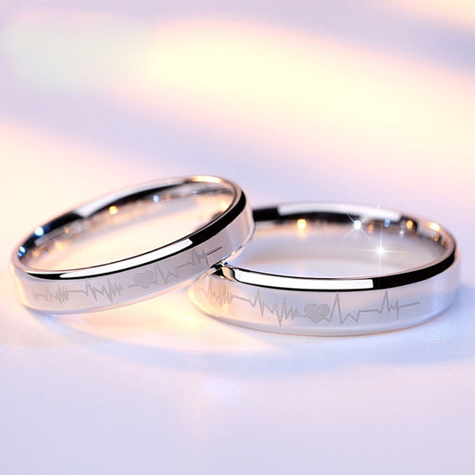 Women's & Men's Sterling Sier Ornament Heartbeat Wedding Korean Style Couple Rings