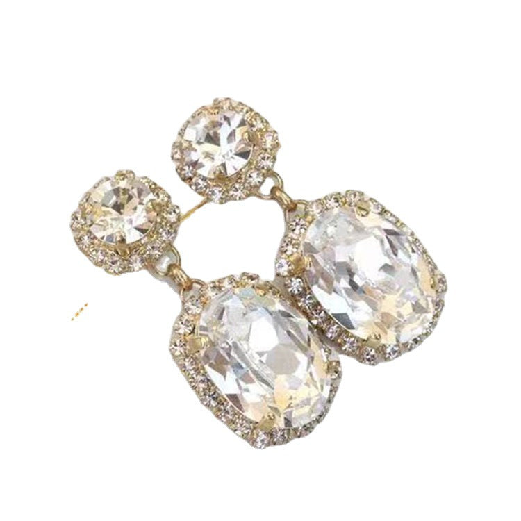 Women's Sells White Gem Copper Inlaid Diamond Oval Earrings