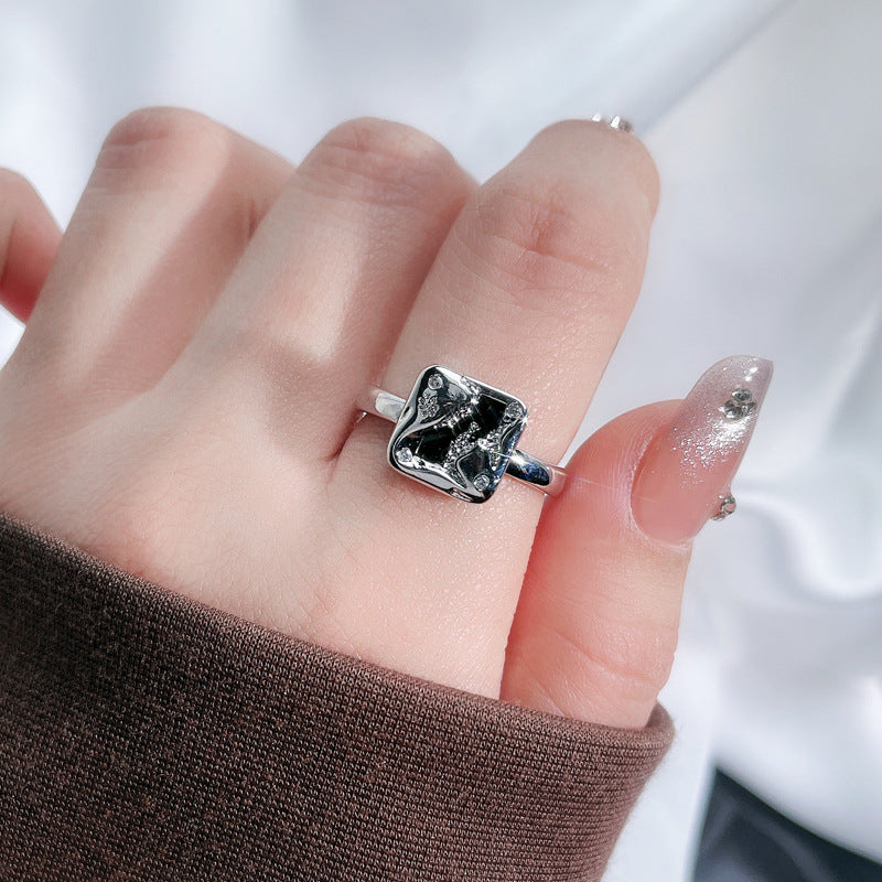 Black Zircon Texture Pleated Butterfly Opening Female Graceful Fashionable Rings