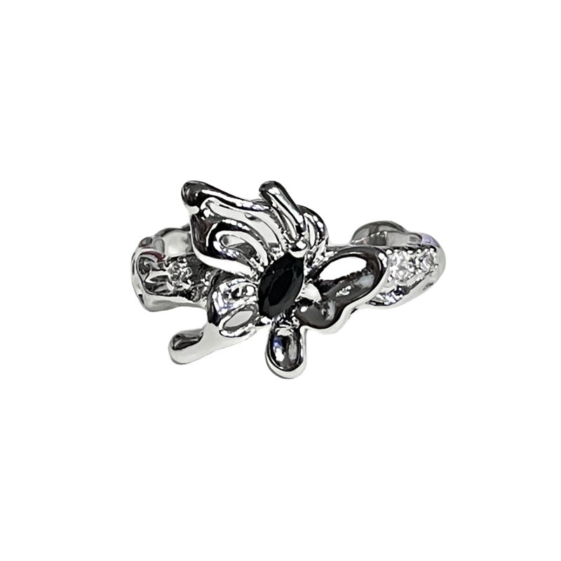 Black Zircon Texture Pleated Butterfly Opening Female Graceful Fashionable Rings
