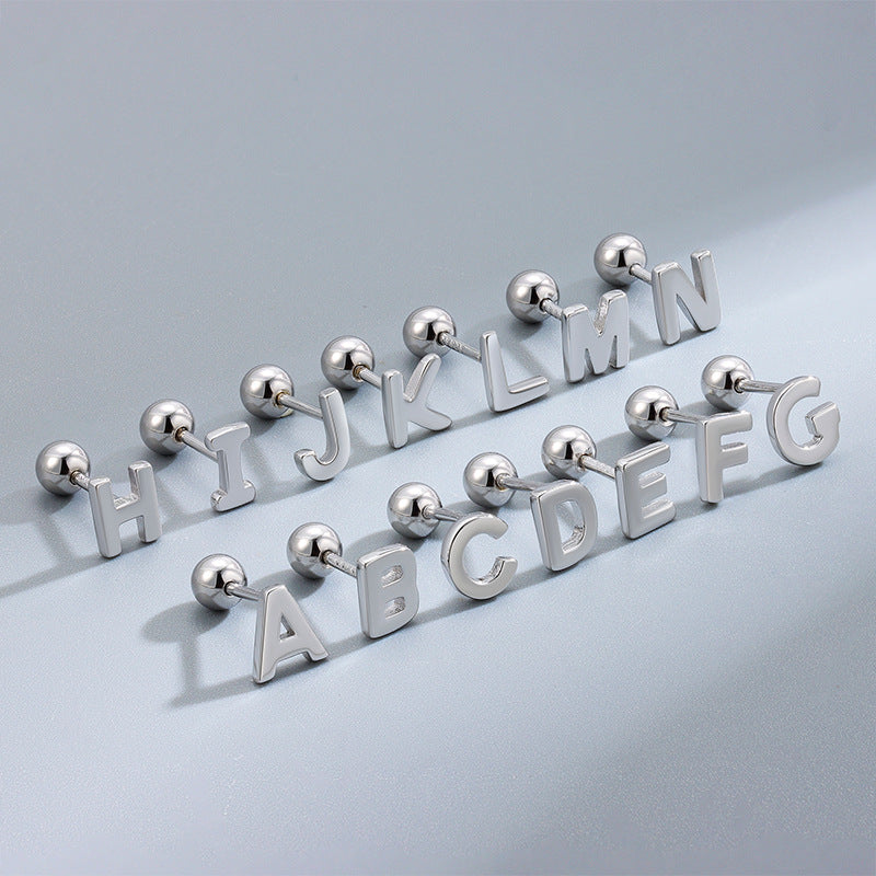 Women's & Men's Sier Glossy Letter Screw Pin Fashionable Earrings