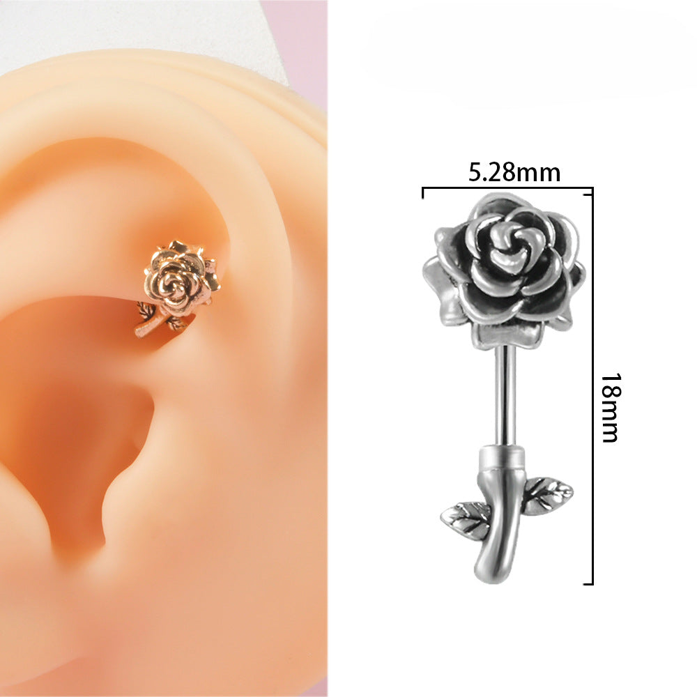 Curved Rod Male Thread Skull Navel Straight Rose Flower Earrings