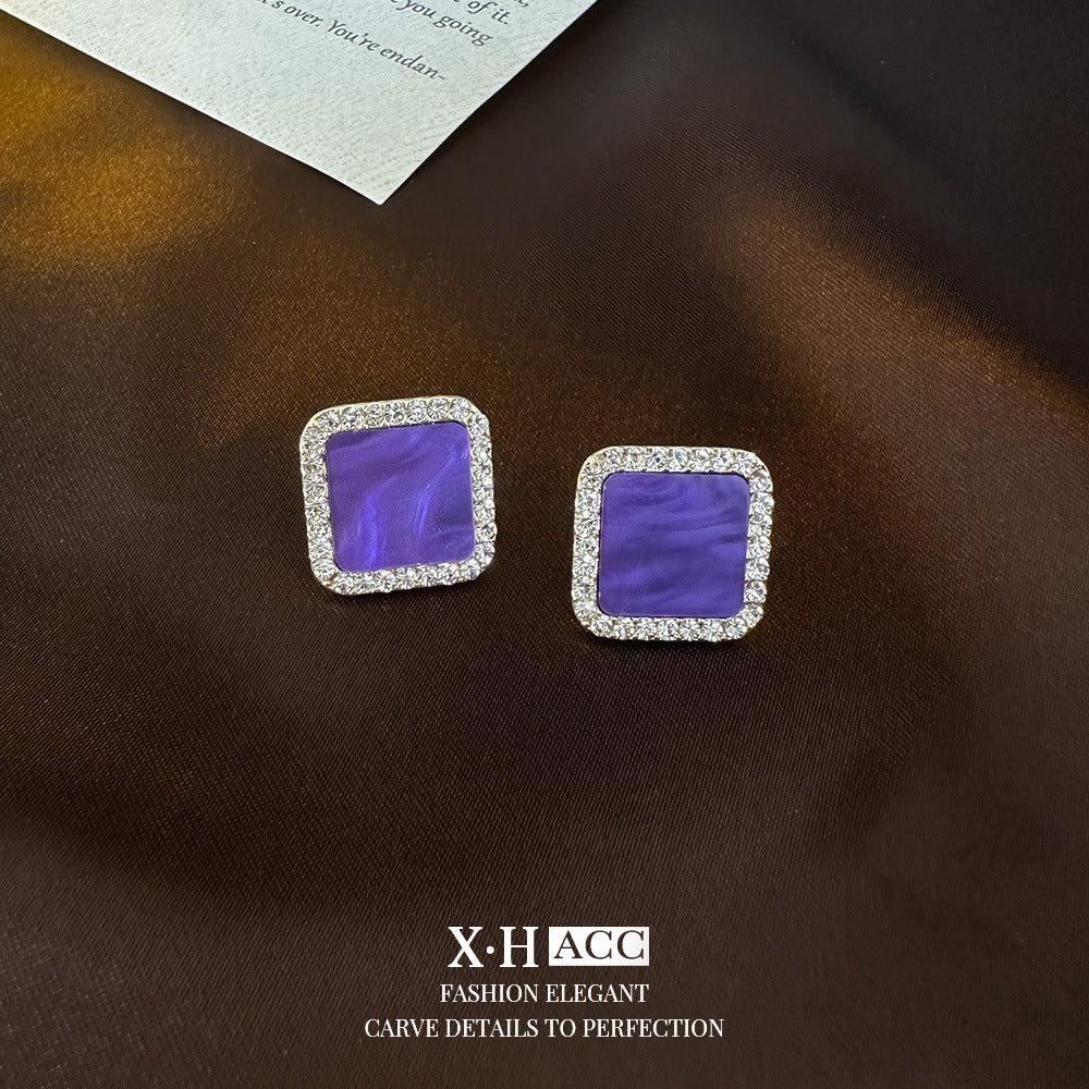 Full Diamond Purple Geometric Square Ear Simple Earrings