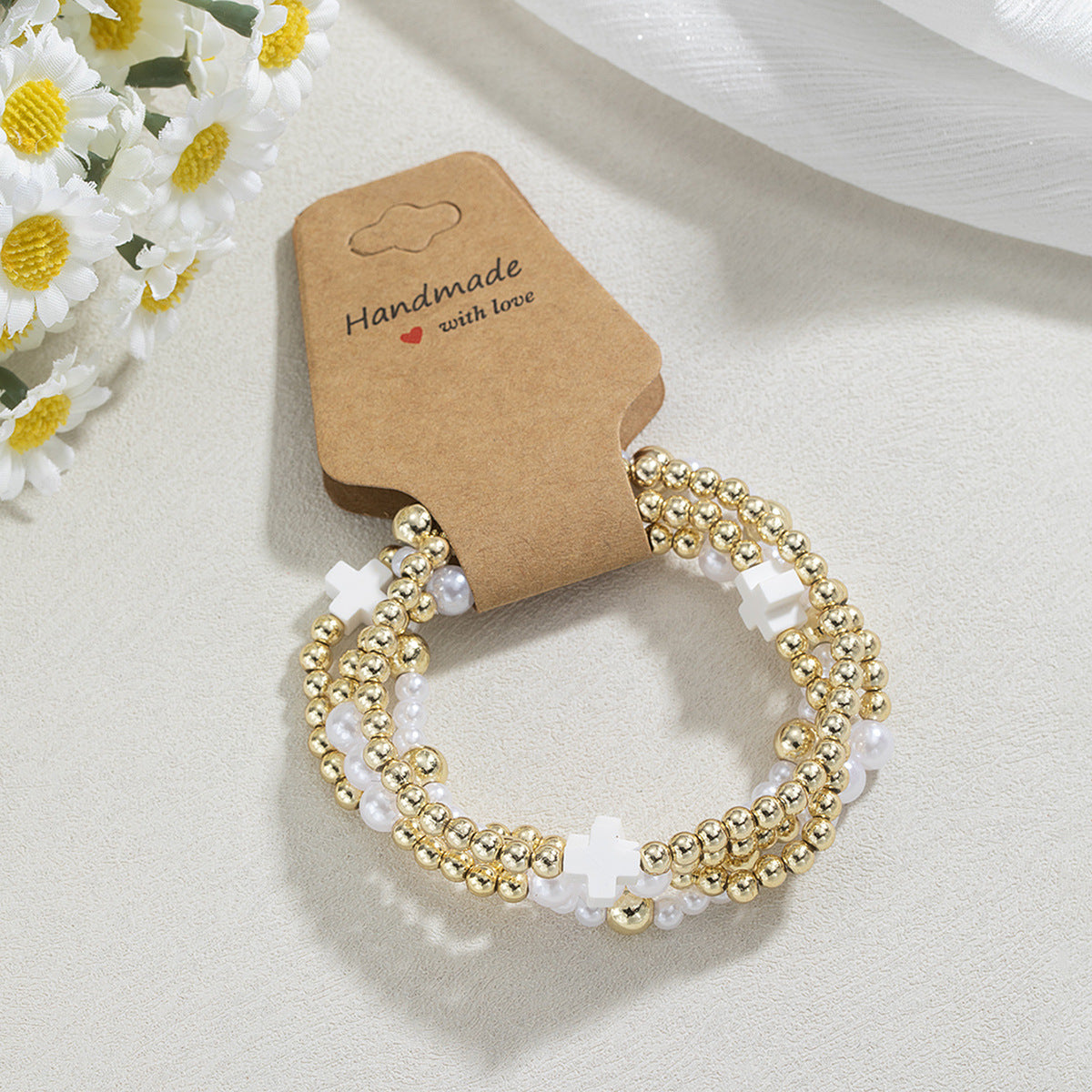 Women's Style Resin Cross Stringed Pearls Elastic Bracelets