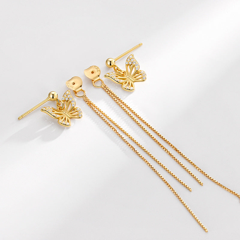 Sier Butterfly Diamond Simple Front Back Earrings