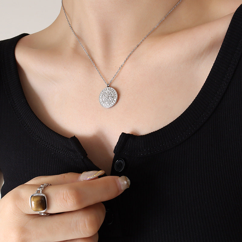 Style Round Inlaid Zircon Embossed Constellation Dial Hour Necklaces