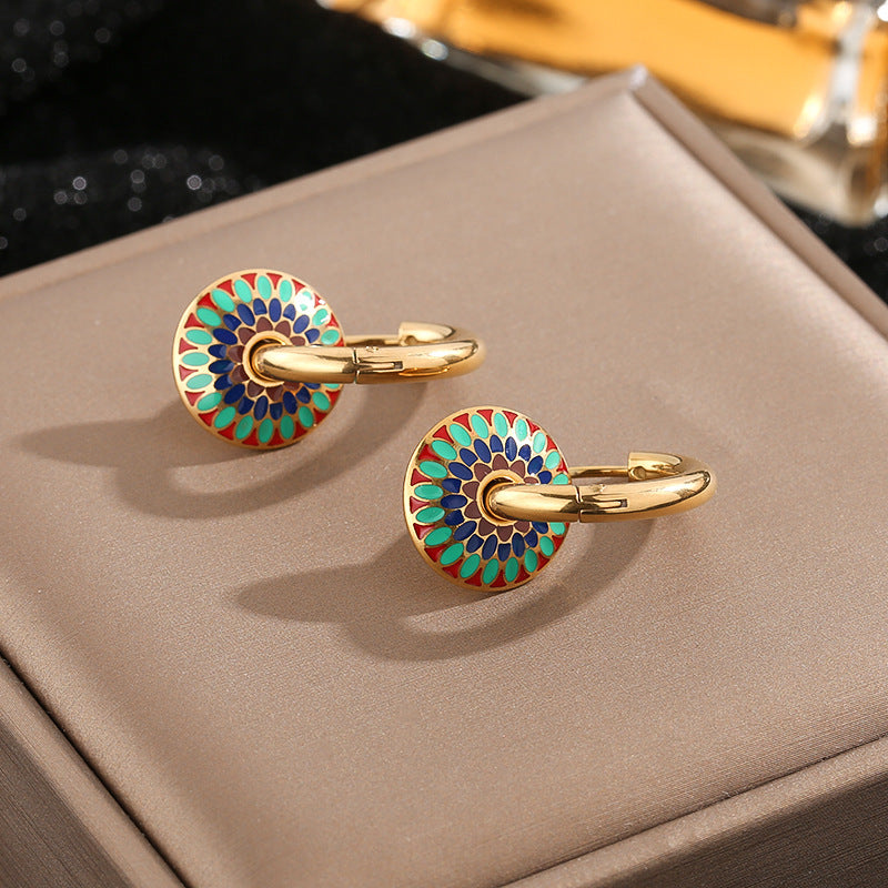Women's Vintage Painted Daisy Pattern Titanium Steel Earrings