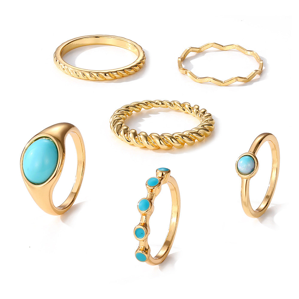 Women's Turquoise Twist Gold Wave Knuckle Rings