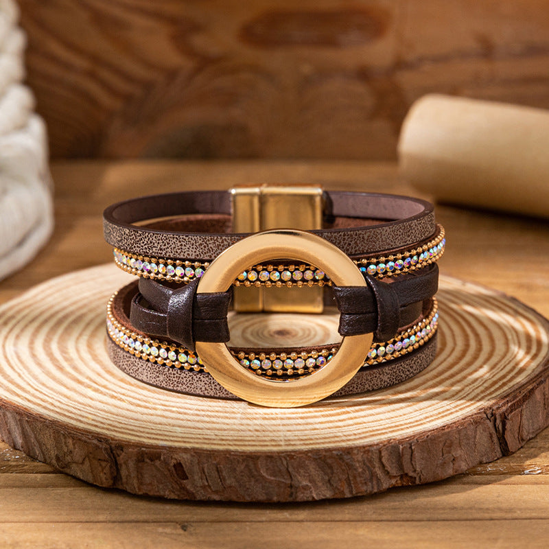 Personalized Big Circle Leather Niche Golden Rhinestone Bracelets