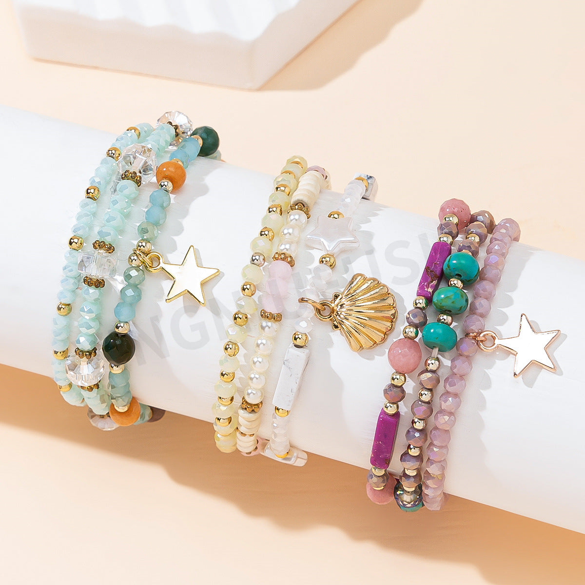 Women's Korean Mixed Crystal Glass Beaded Three-circle Bracelets