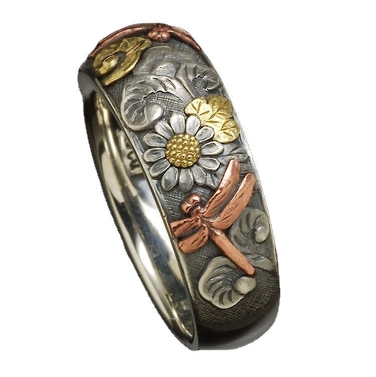 Ornament Vintage Carved Pattern Dragonfly Flower Rings