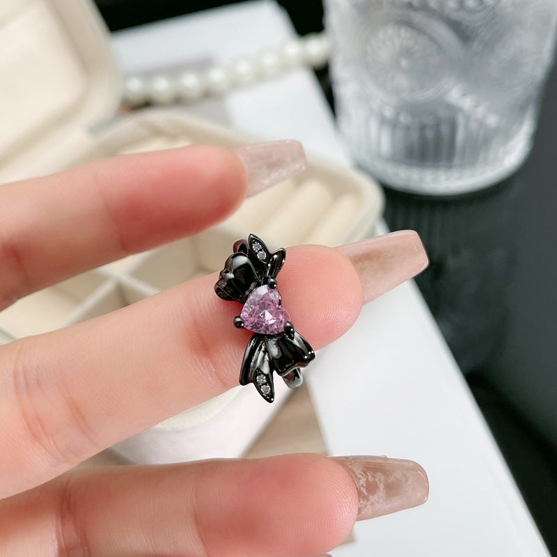 Dark Style Pink Diamond Love Heart Rings