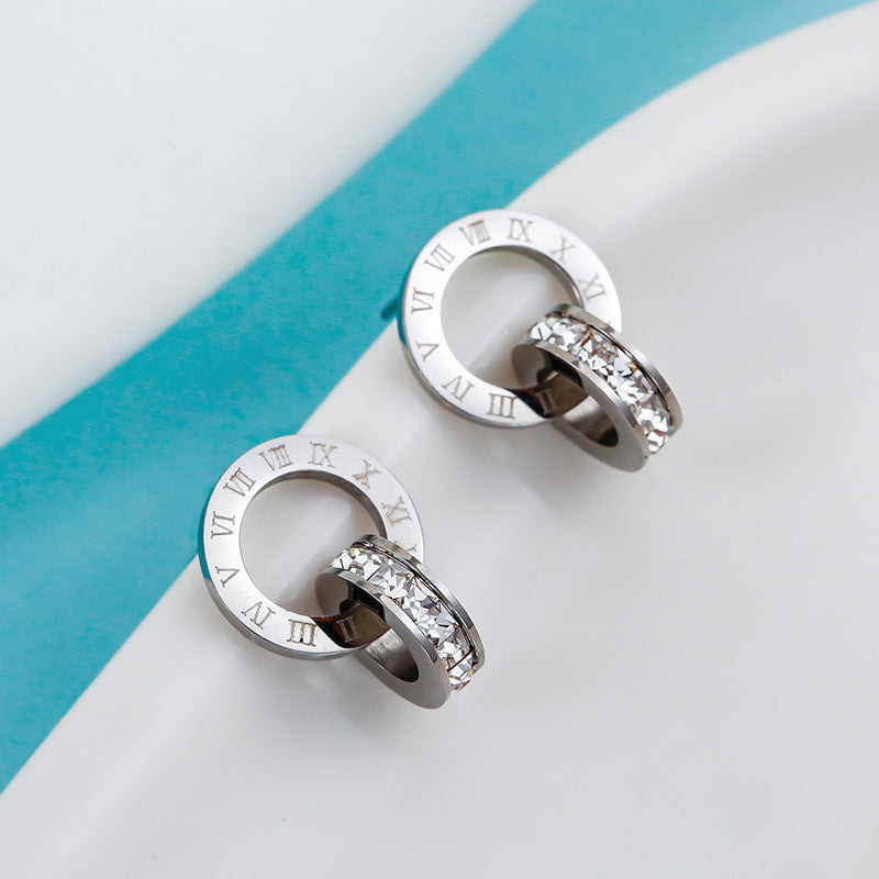 Roman Diamond Creative Rose Gold Titanium Steel Female Double Earrings