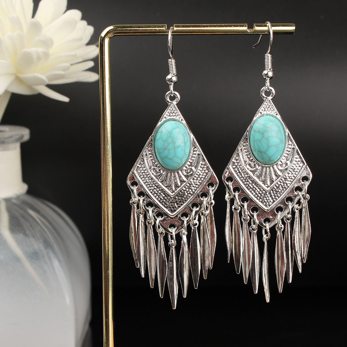 Ethnic Style Miao Sier Turquoise Tassel Earrings