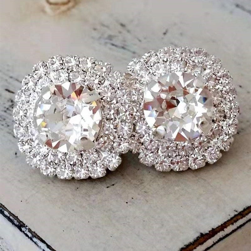 Women's Sells White Gem Copper Inlaid Diamond Oval Earrings