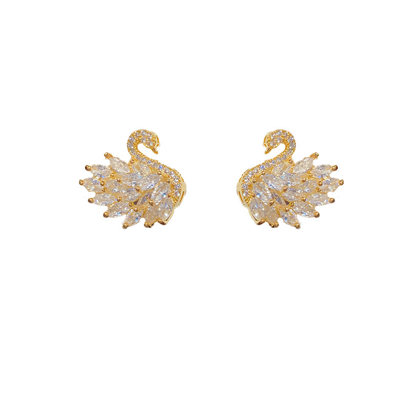 Light Luxury Full Zirconium Swan Sier Needle Earrings