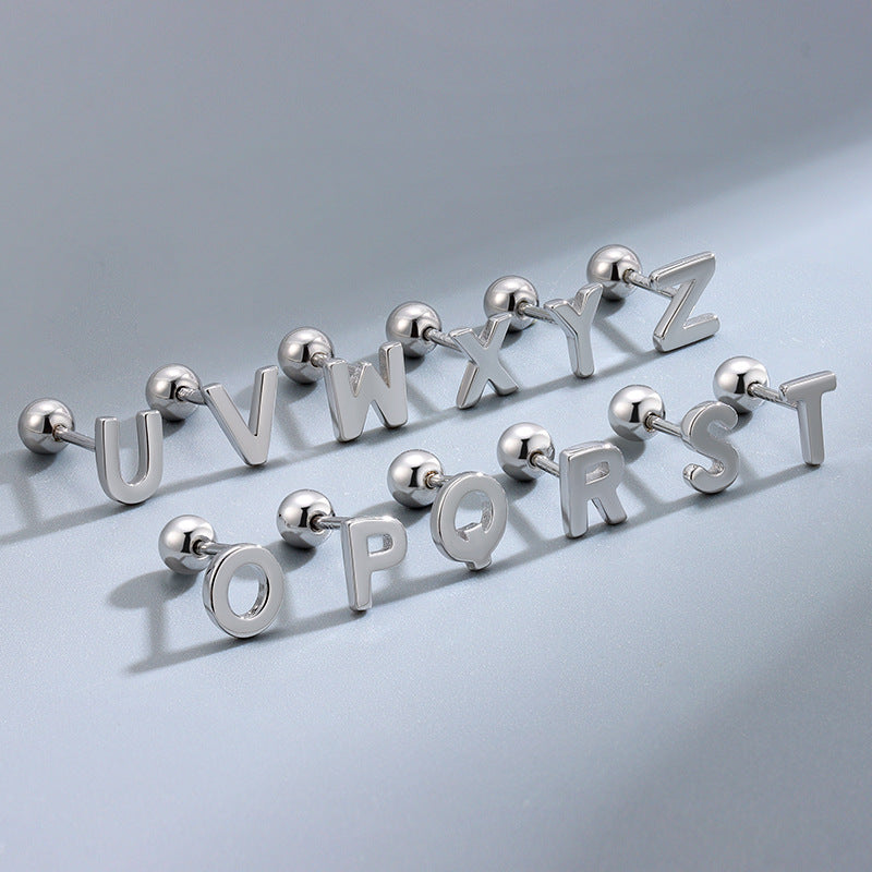 Women's & Men's Sier Glossy Letter Screw Pin Fashionable Earrings