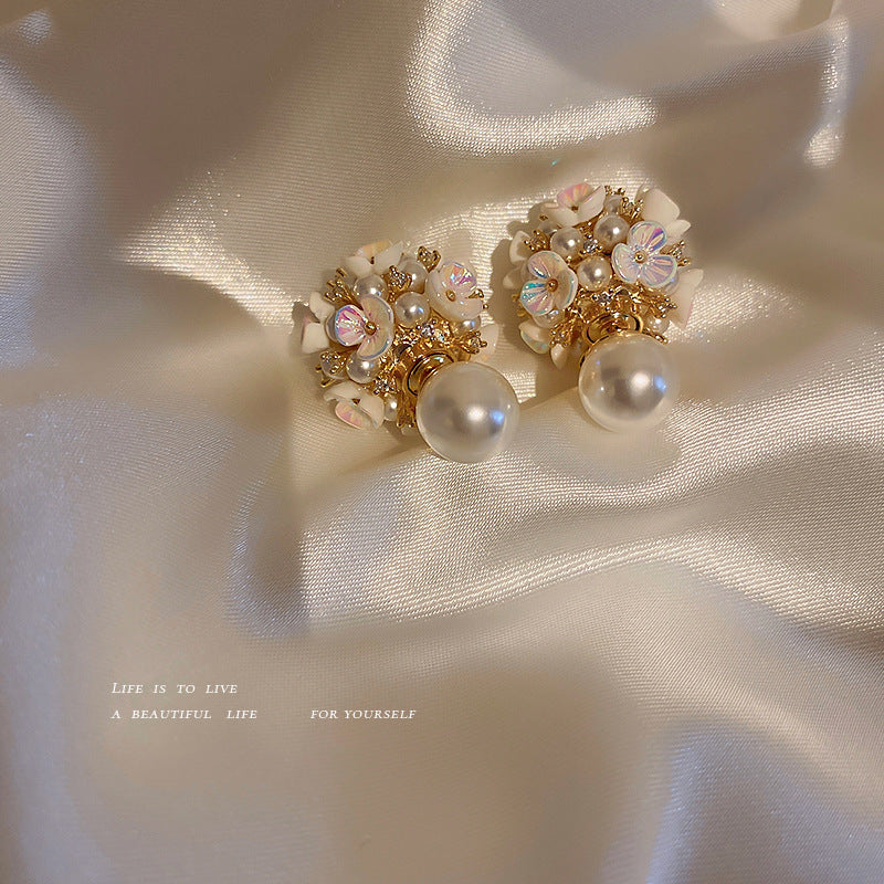 Needle Zircon Pearl Flower French Vintage Earrings