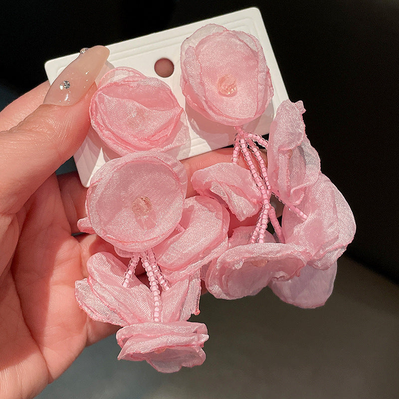 Women's Sier Needle Crystal Flowers Long Mori Earrings