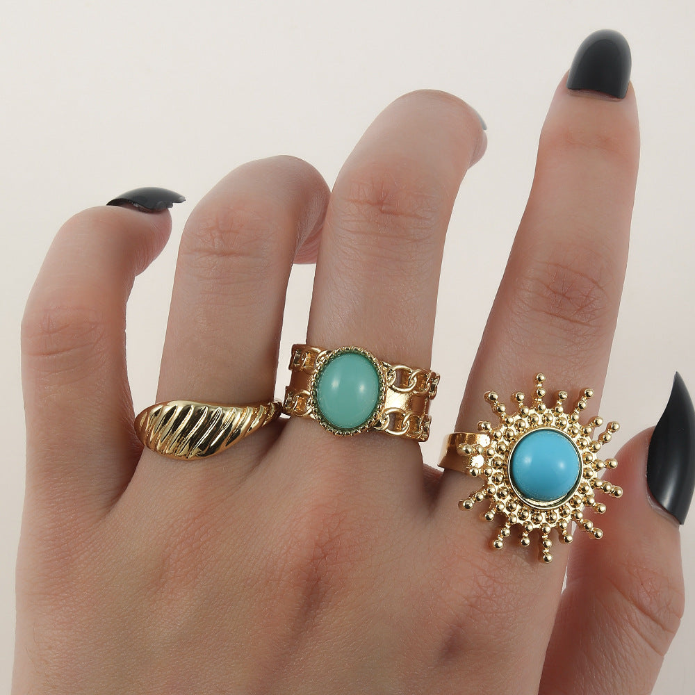Women's Turquoise Twist Gold Wave Knuckle Rings