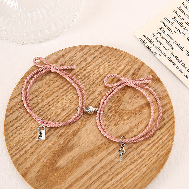 Simple Lock Key Rubber Band Rope Magnetic Couple Pair Bracelets