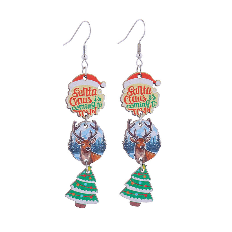 Christmas Tree Hat Bell Snowman Wooden Earrings