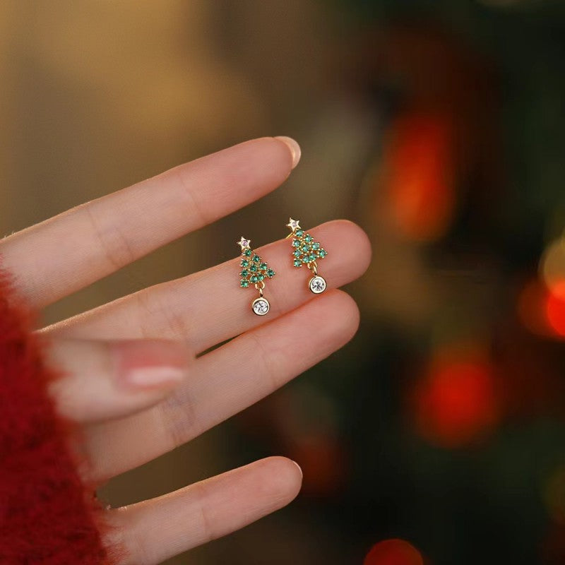 Sterling Sier Small Exquisite Christmas Tree Female Zircon Earrings