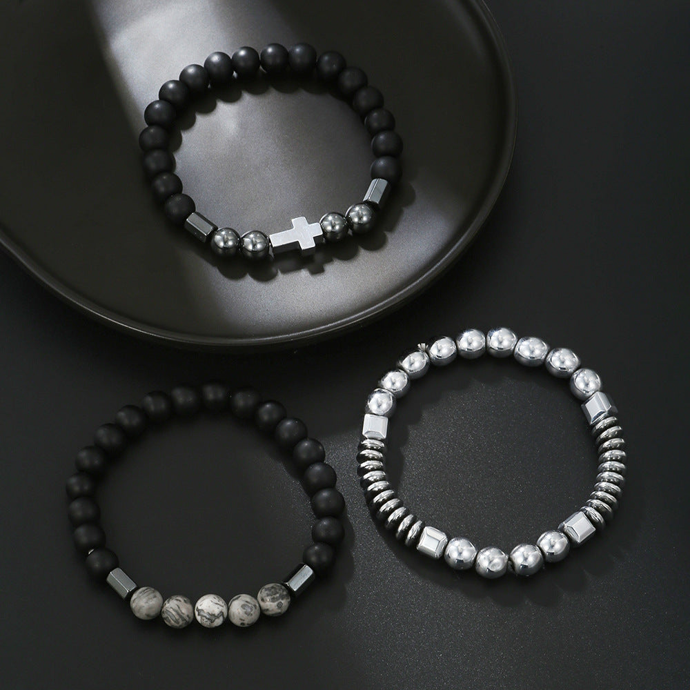 Men's Beaded Suit Map Stone Haematite Cross Bracelets