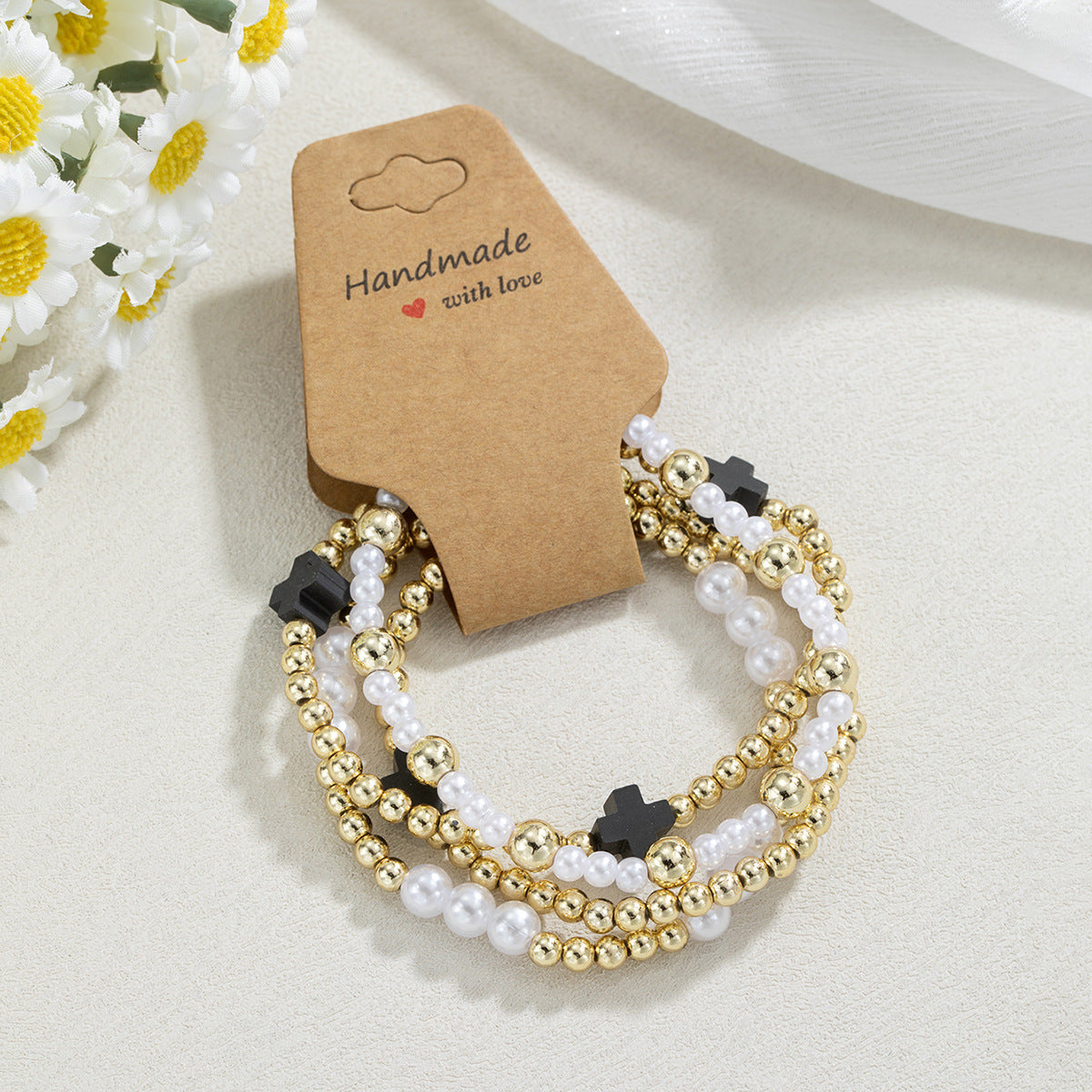 Women's Style Resin Cross Stringed Pearls Elastic Bracelets
