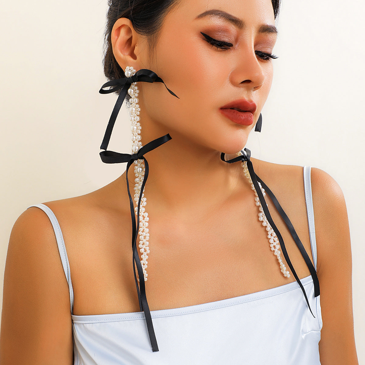 Personalized Bow Ribbon Imitation Pearl Crystal Flowers Earrings