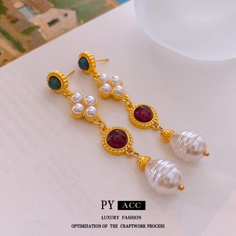 Sier Needle Artificial Pearl Tassel Vintage Court Style Earrings