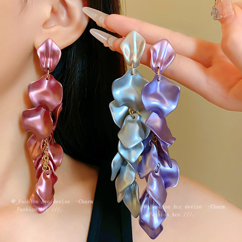 Women's Sier Needle Stitching Flower Tassel Unique Earrings