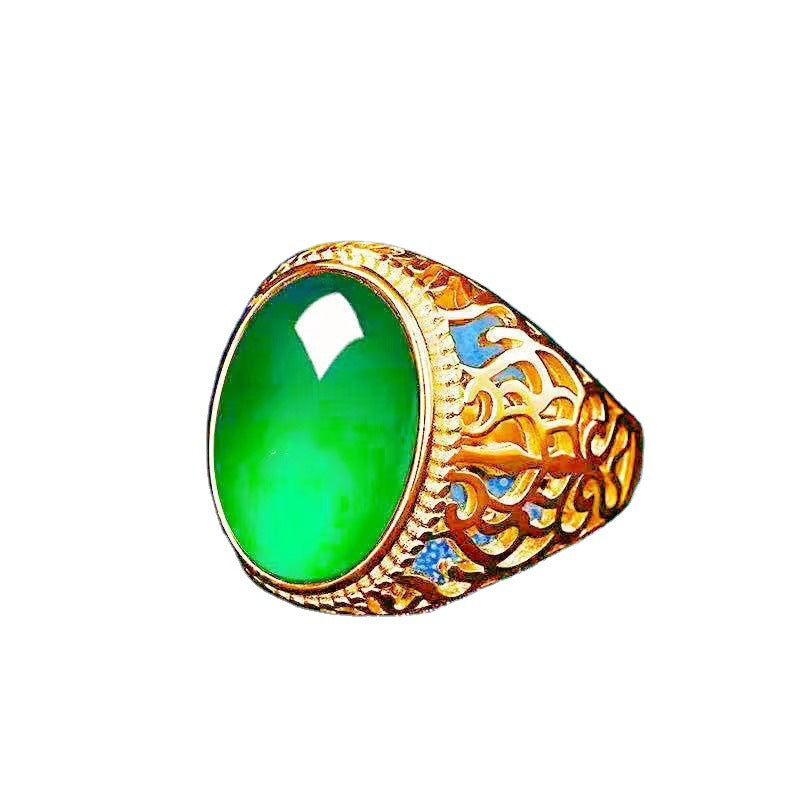 Men's Sier Emerald Retro Hollow Open Mouth Rings