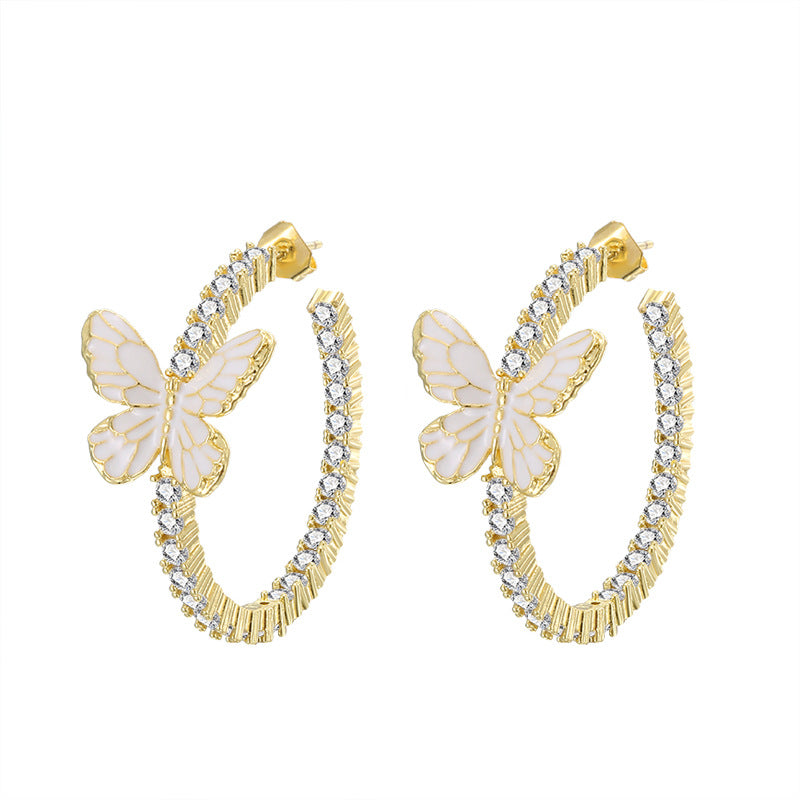 Decoration White Butterfly Super Flash Circle Micro Inlaid Zircon Earrings
